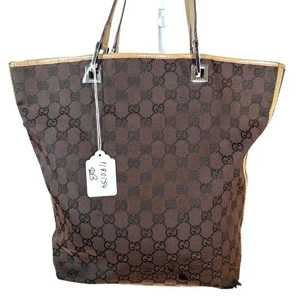 Authentic Gucci Tote Bag Brown Canvas Used GG Handbag Vintage - Picture 3 of 14